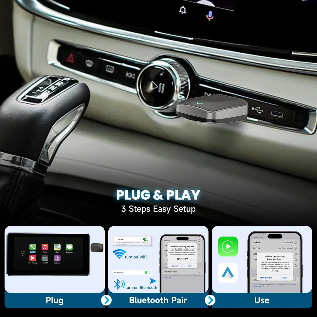 Wired to Wireless CarPlay Android Auto Adapter Black