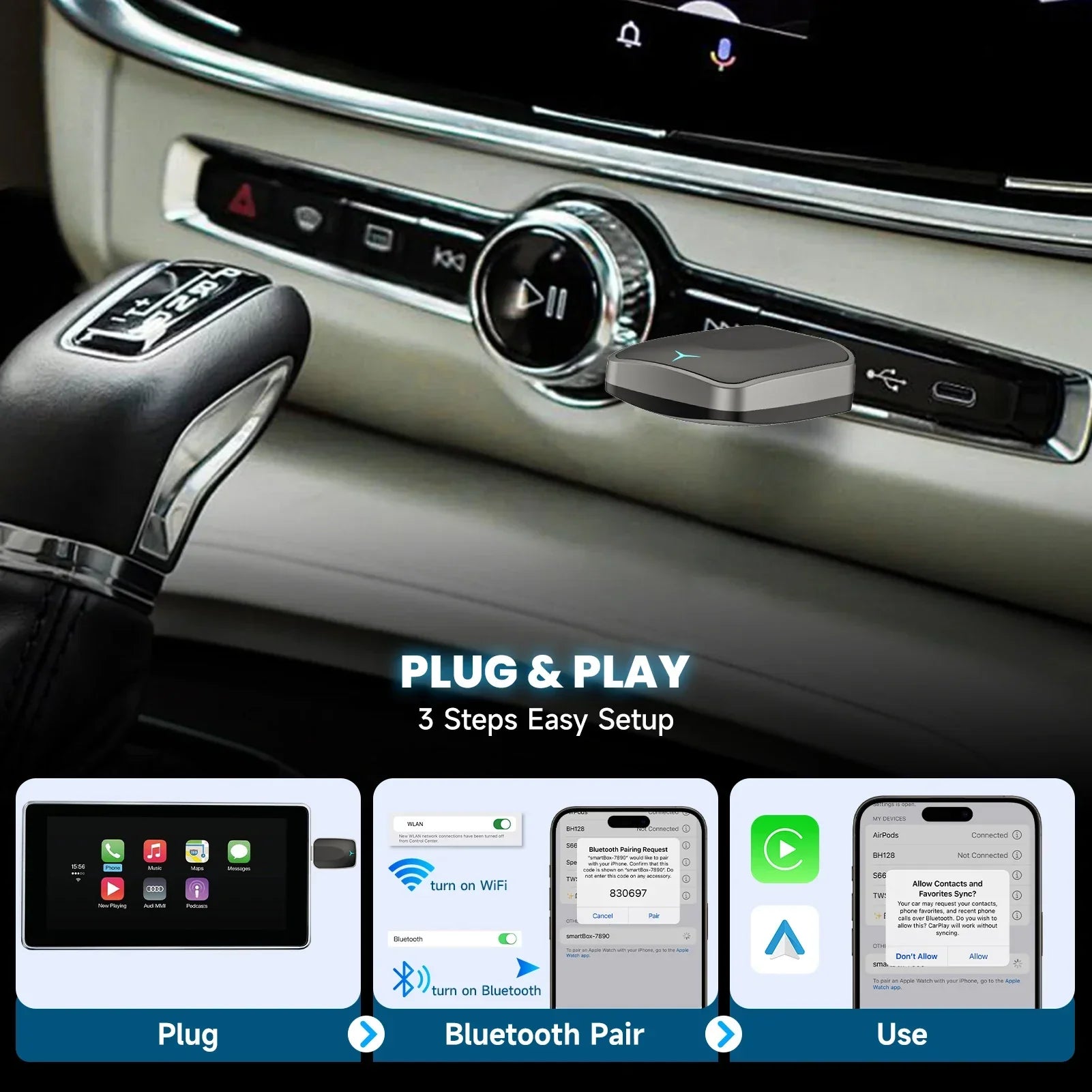 Wired to Wireless CarPlay Android Auto Adapter Black